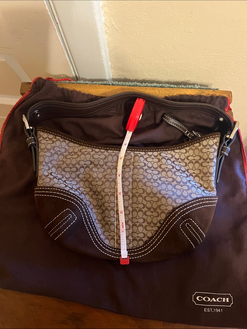 Coach Brown Signature Monogram Canvas Shoulder Bag with Dark Brown Trim - Picture 12 of 14